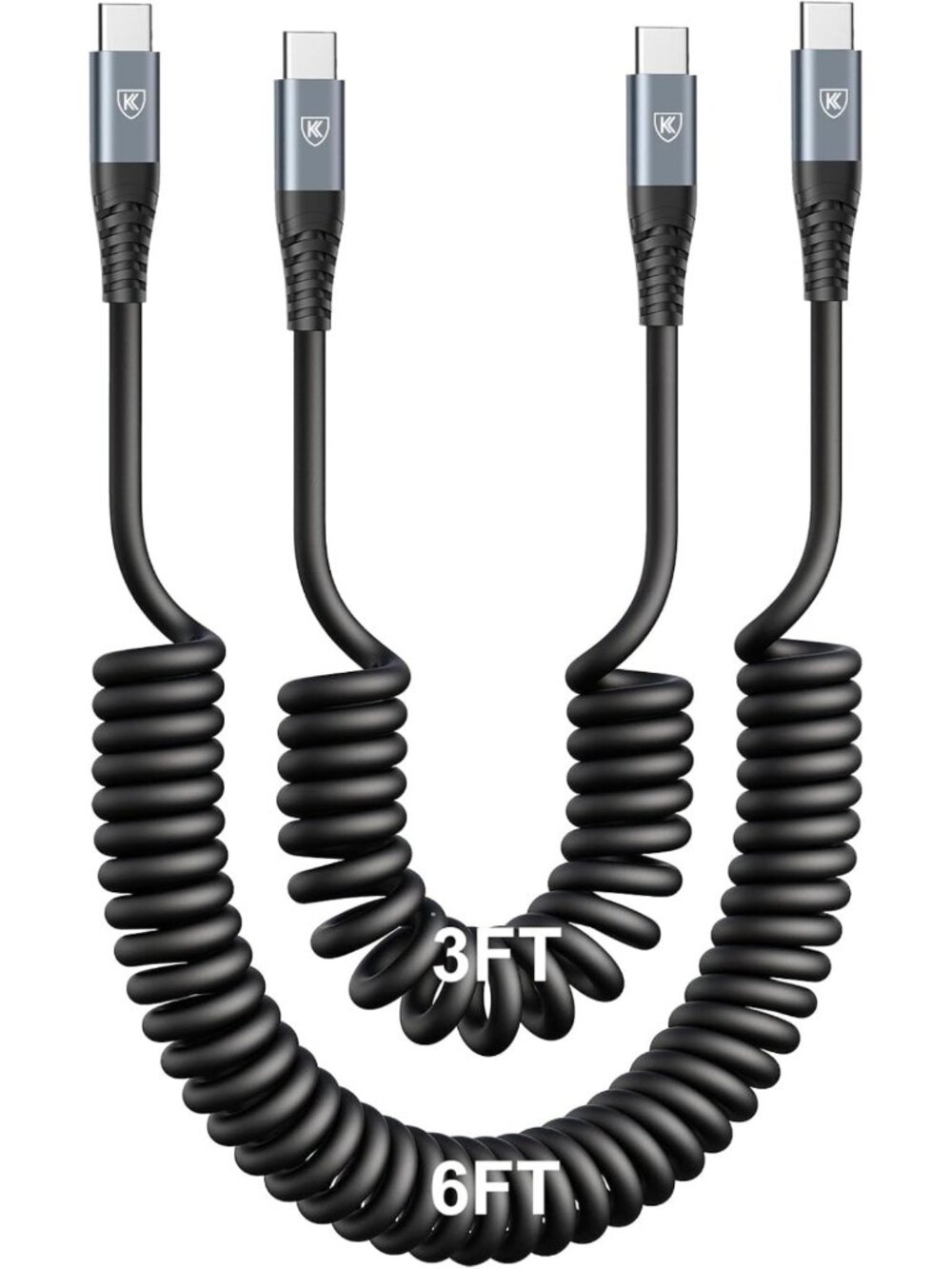 Coiled USB C to USB C Charger Cable 3FT & 6FT - 2 Pack for Car & Home Use